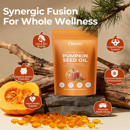 Oneoo Pumpkin Seed Oil 2000mg with Saw Palmetto – 300 Softgels for Hair, Prostate & Urinary Health (Cold-Pressed, Non-GMO)