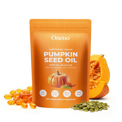 Oneoo Pumpkin Seed Oil 2000mg with Saw Palmetto – 300 Softgels for Hair, Prostate & Urinary Health (Cold-Pressed, Non-GMO)