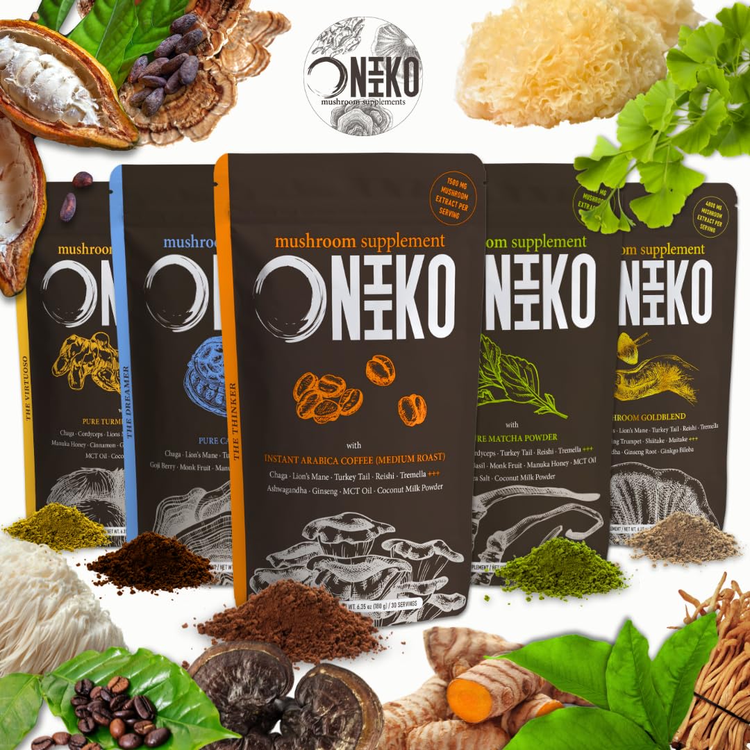 Oniiko 10 Mushroom Powder with Ginkgo, Ginseng & Ashwagha nd a – Performance, Memory & Immunity, 4800 mg per Serving, 30 Servings