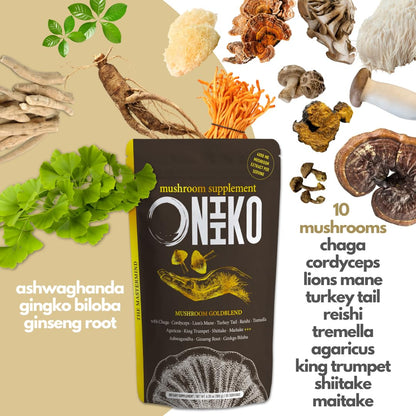 Oniiko 10 Mushroom Powder with Ginkgo, Ginseng & Ashwagha nd a – Performance, Memory & Immunity, 4800 mg per Serving, 30 Servings