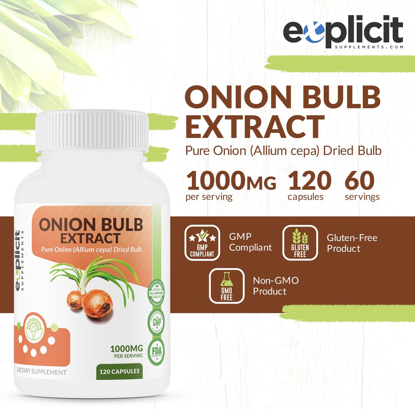 All Natural Onion Extract 1000mg - Dried Allium Cepa | 120 Capsules (Pack of 2)