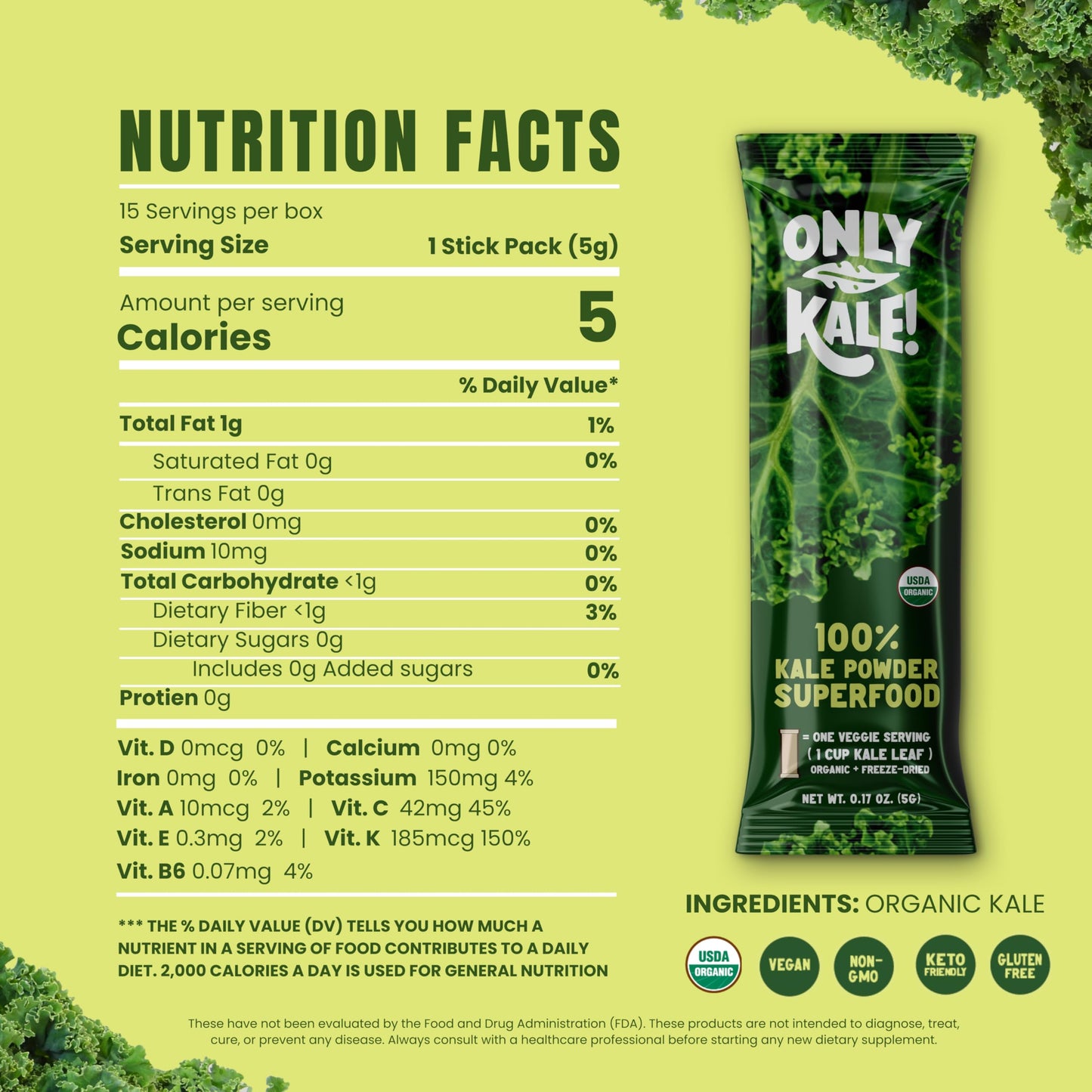 OnlyKale Kale Powder – 1 Month Supply (15 Sticks) – Organic Green Superfood | USDA Organic