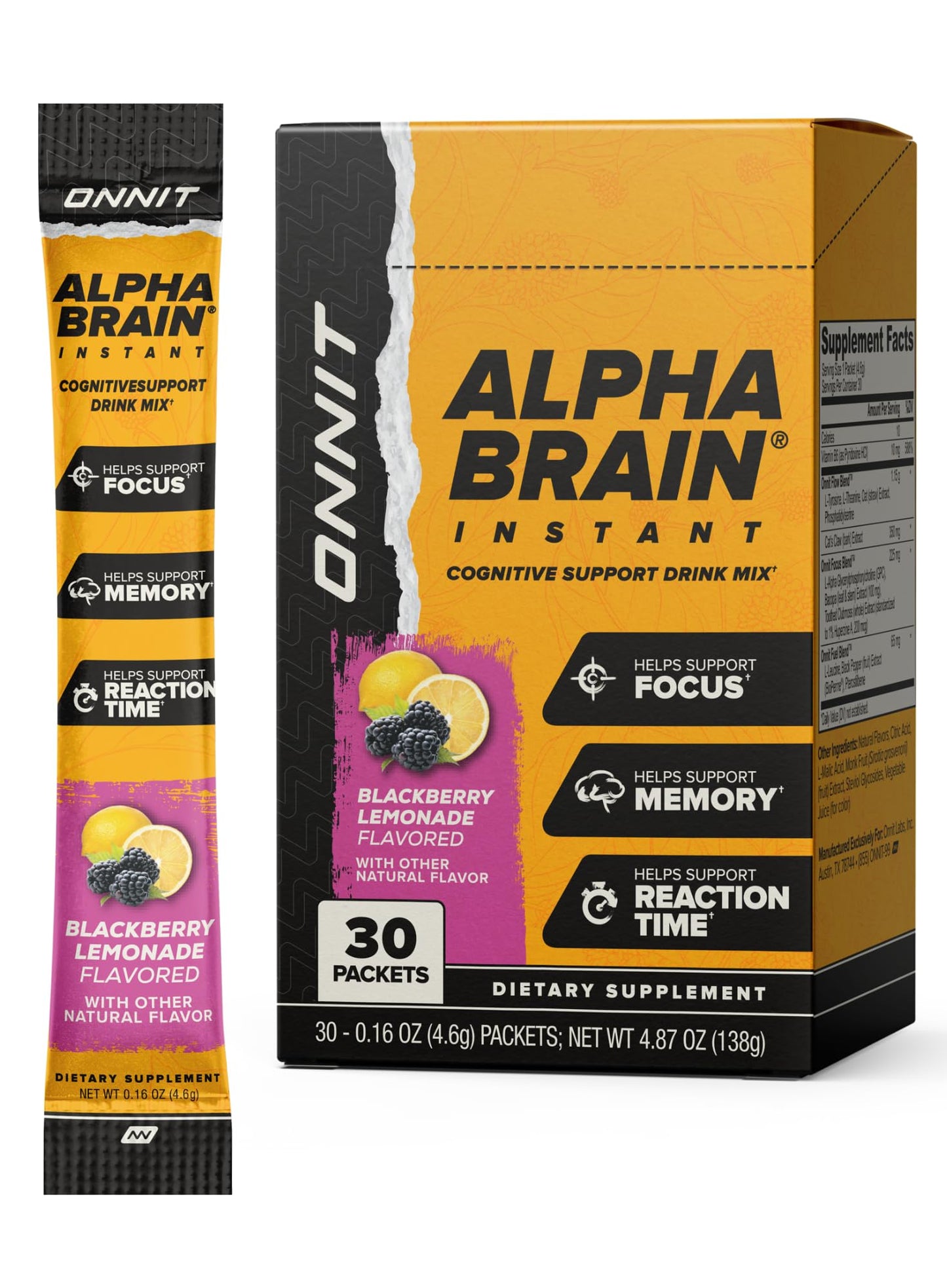 ONNIT Alpha BRAIN Instant Nootropic Drink Mix – Blackberry Lemonade, 30 Packets