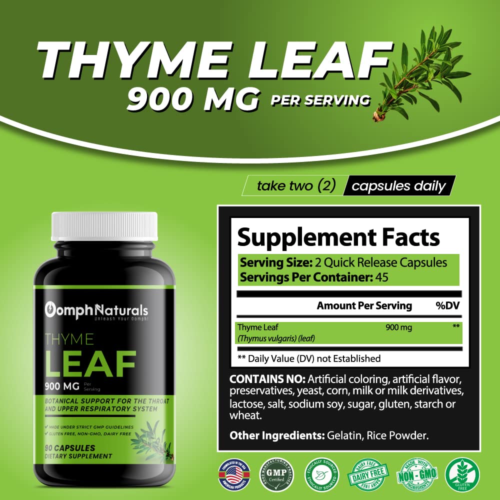 Oomph Naturals Thyme Leaf 900mg – 90 Capsules | Thymus Vulgaris Extract • Respiratory Support • Non-GMO • Gluten Free