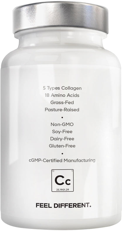 Amen Multi Collagen Peptides Capsules | 5 Types I-II-III-V-X + Hyaluronic Acid & Vitamin C | Grass-Fed, 90 Capsules