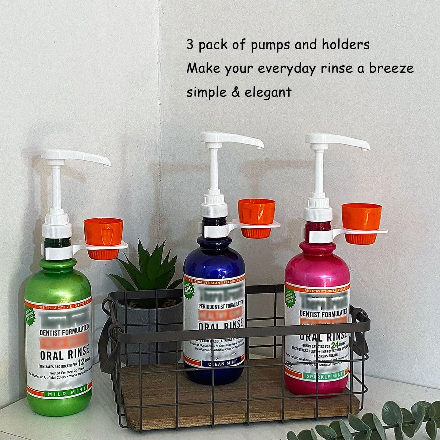 Upgraded Mouthwash Dispenser Pump and Cup Holder Set (3 Pack) for TheraBreath 16 oz Mouthwash