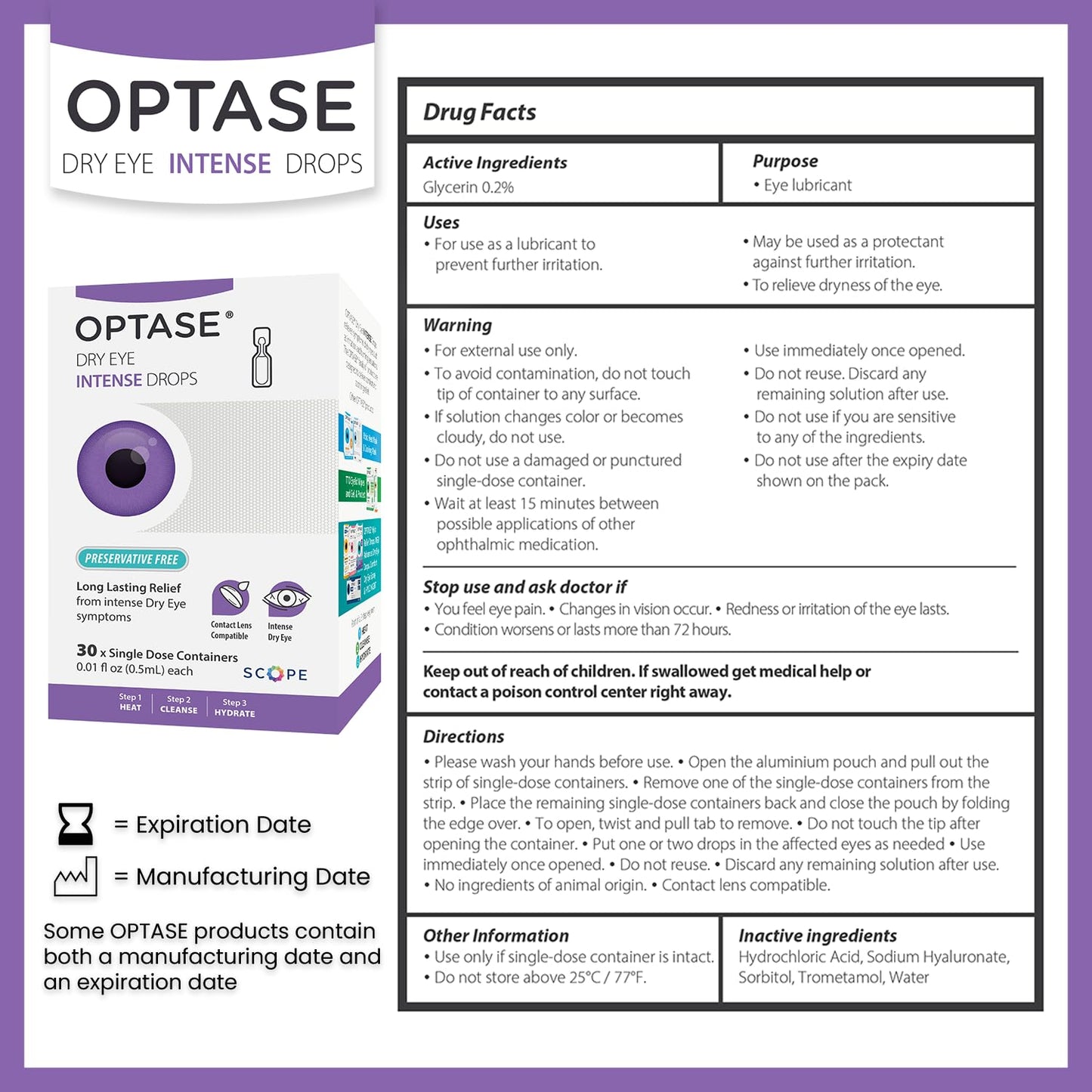 Optase Dry Eye Intense Drops – Preservative-Free, Contact Lens Compatible | 30 Single-Dose Vials