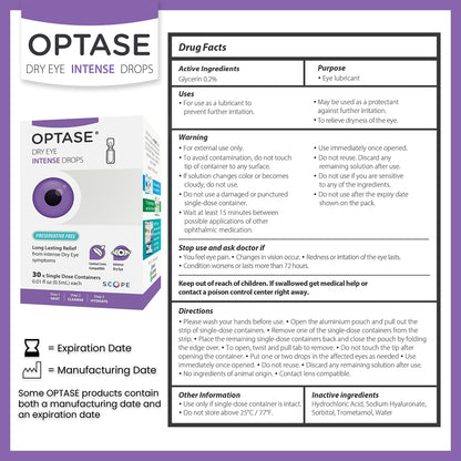 Optase Dry Eye Intense Drops – Preservative-Free, Contact Lens Compatible | 30 Single-Dose Vials