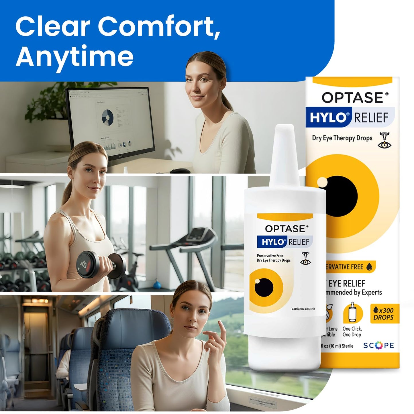 Optase HYLO Relief Dry Eye Drops – Preservative-Free, 0.33 fl oz, 300 Doses, Contact Lens Compatible