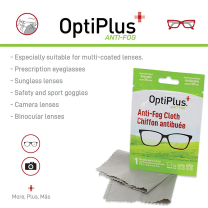 OptiPlus Anti Fog Cloth for Eyeglasses, Goggles, and Shields | Premium Reusable Anti-Fog Treatment | 10 Cloths 1000 uses | Anti-Fog for All Lenses - 10 Pack