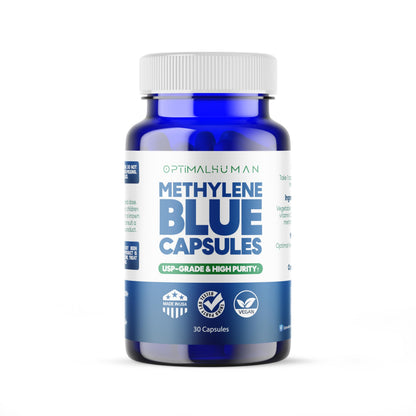 Optimal Human Methylene Blue (USP Grade) Pharma Grade Supplement, 10 MG Capsule Form with Added Vitamin C, for Energy Support, Brain Health, Memory, Focus, Clarity