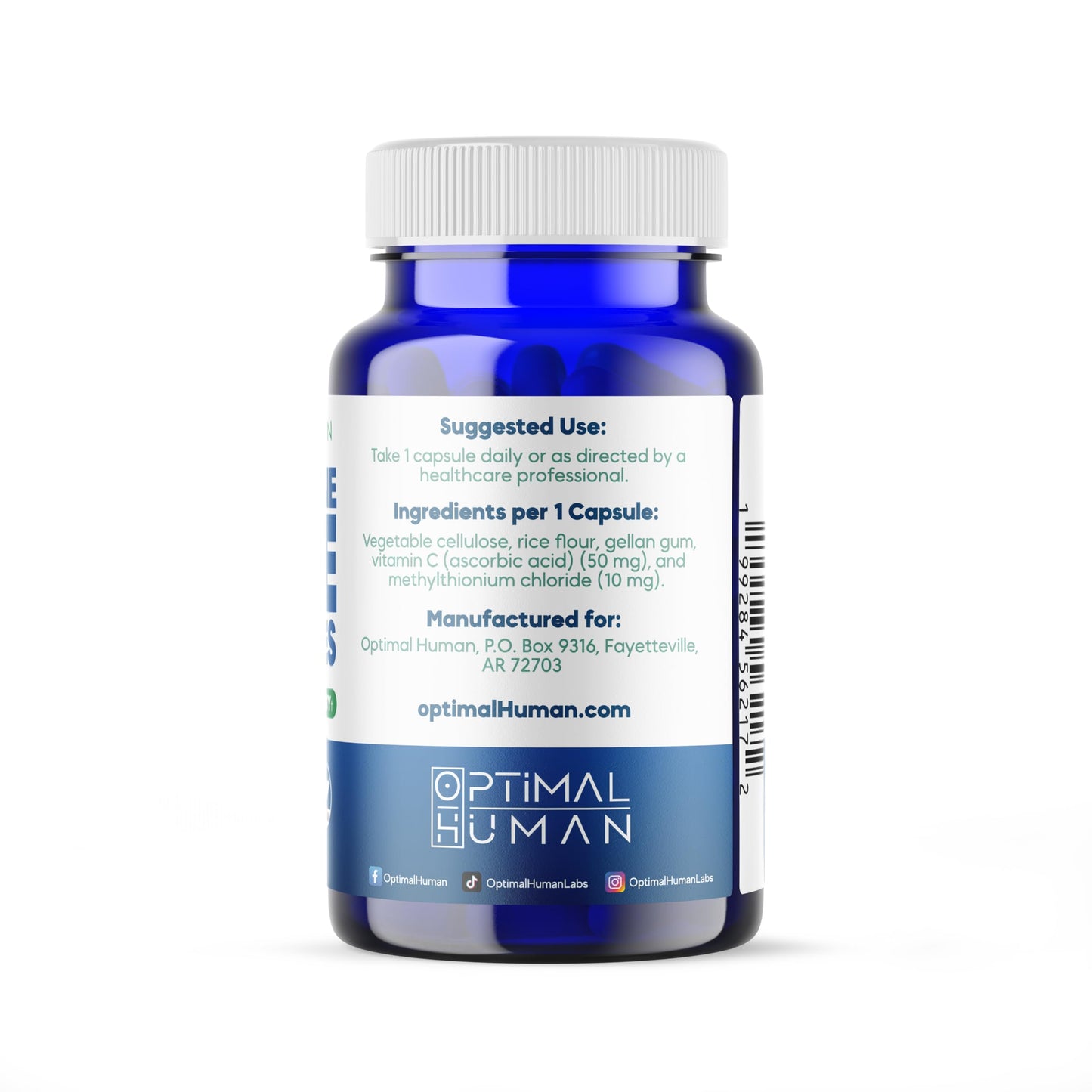 Optimal Human Methylene Blue (USP Grade) Pharma Grade Supplement, 10 MG Capsule Form with Added Vitamin C, for Energy Support, Brain Health, Memory, Focus, Clarity