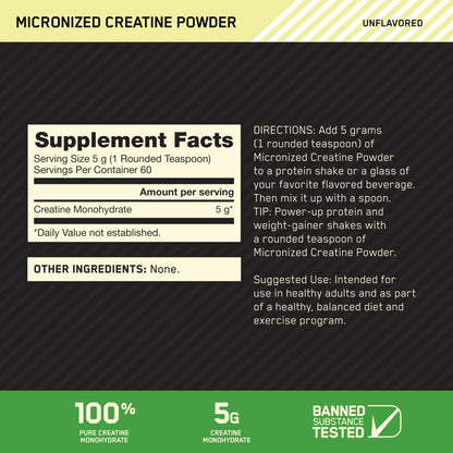 Optimum Nutrition Micronized Creatine Monohydrate Powder – Unflavored, 60 Servings, 300 g | Packaging May Vary