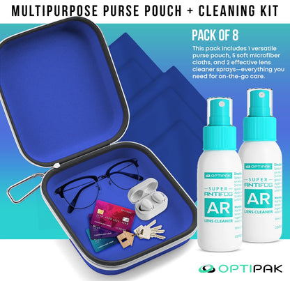 OPTIPAK Anti Fog Lens Cleaner Spray Kit | 2x 1oz Bottles, Pouch & 5 Microfiber Cloths – 8 Piece Set