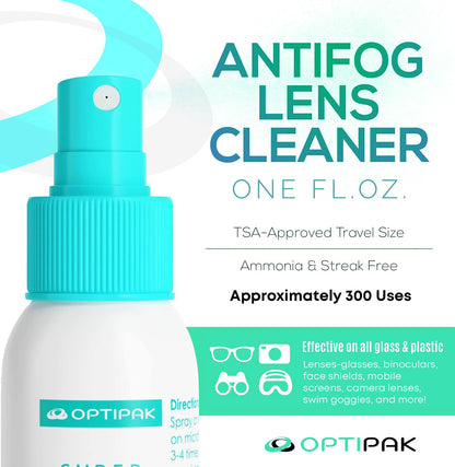 OPTIPAK Anti Fog Lens Cleaner Spray Kit | 2x 1oz Bottles, Pouch & 5 Microfiber Cloths – 8 Piece Set