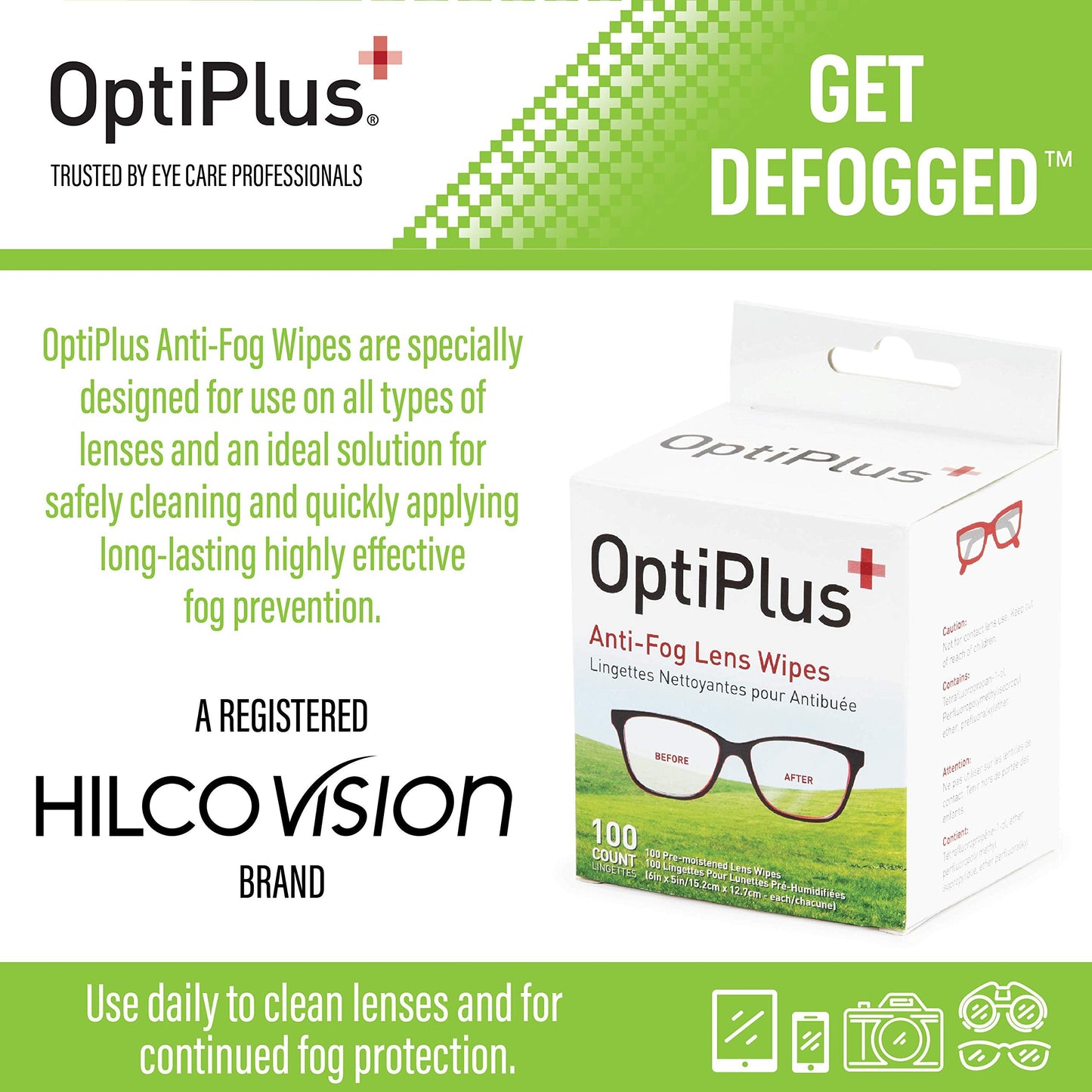 OptiPlus Anti-Fog Wipes for Glasses, Screens & Lenses – 100 Count
