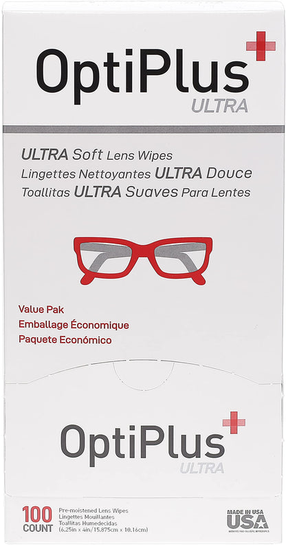 OptiPlus Ultrasoft Pre-Moistened Lens Cloths (100 Count) – Streak-Free Cleaning