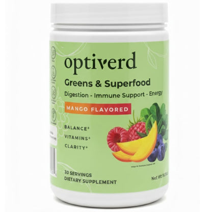 OptiVerd Greens Superfood Powder with Probiotics & Enzymes – Mango, 30 Servings | Organic, Vegan, Gluten-Free