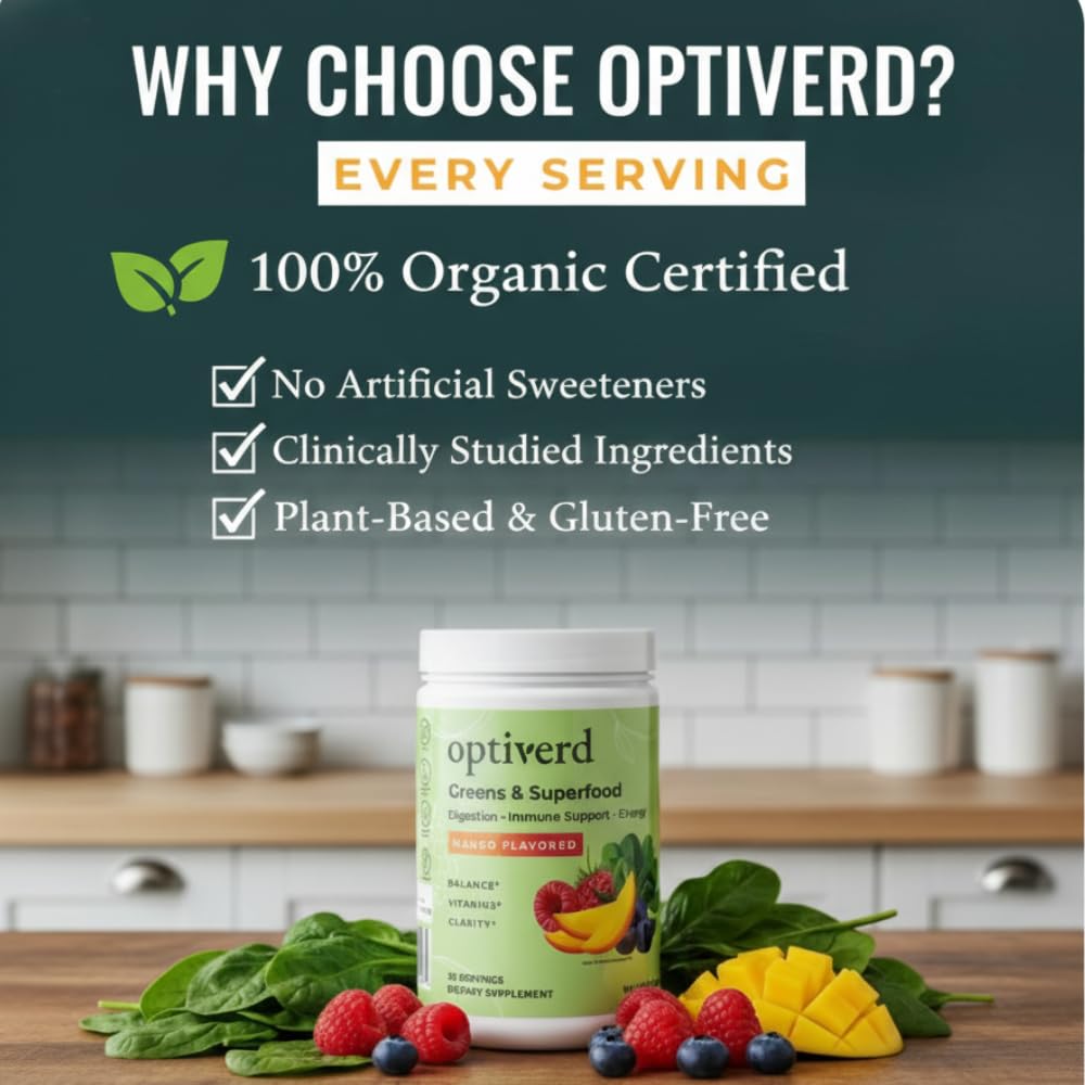 OptiVerd Greens Superfood Powder with Probiotics & Enzymes – Mango, 30 Servings | Organic, Vegan, Gluten-Free