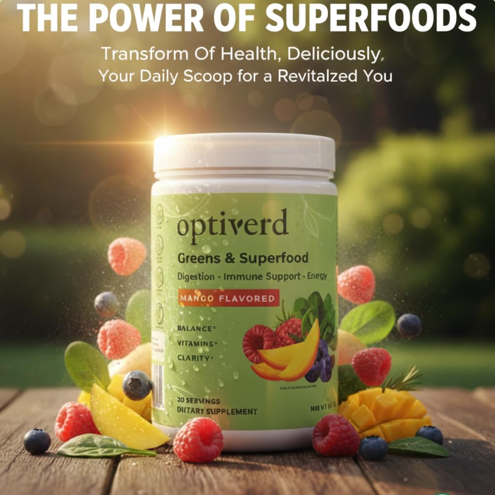OptiVerd Greens Superfood Powder with Probiotics & Enzymes – Mango, 30 Servings | Organic, Vegan, Gluten-Free