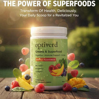 OptiVerd Greens Superfood Powder with Probiotics & Enzymes – Mango, 30 Servings | Organic, Vegan, Gluten-Free