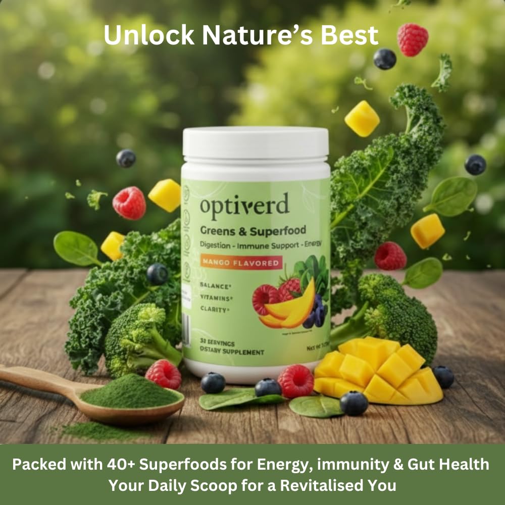 OptiVerd Greens Superfood Powder with Probiotics & Enzymes – Mango, 30 Servings | Organic, Vegan, Gluten-Free