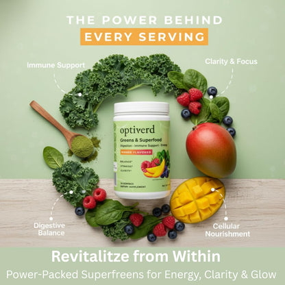 OptiVerd Greens Superfood Powder with Probiotics & Enzymes – Mango, 30 Servings | Organic, Vegan, Gluten-Free