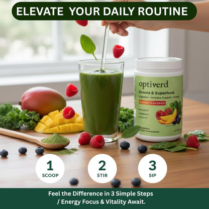 OptiVerd Greens Superfood Powder with Probiotics & Enzymes – Mango, 30 Servings | Organic, Vegan, Gluten-Free