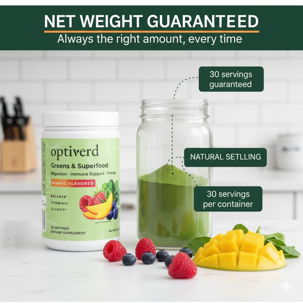 OptiVerd Greens Superfood Powder with Probiotics & Enzymes – Mango, 30 Servings | Organic, Vegan, Gluten-Free
