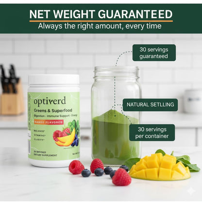 OptiVerd Greens Superfood Powder with Probiotics & Enzymes – Mango, 30 Servings | Organic, Vegan, Gluten-Free