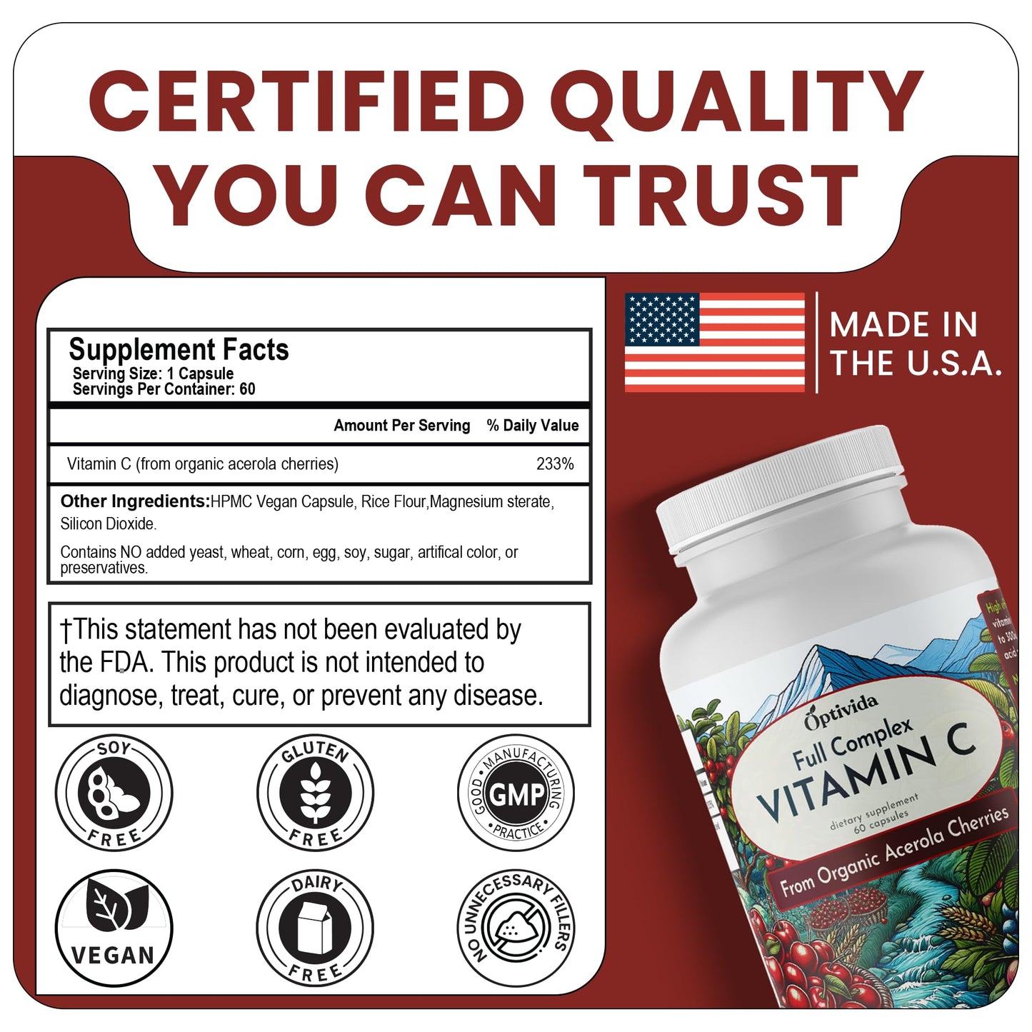 OPTIVIDA Acerola Cherry Capsules – Plant-Based Vitamin C for Immunity