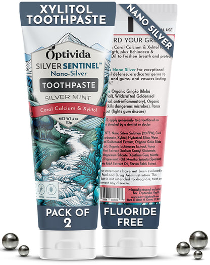 Optivida Fluoride-Free Colloidal Silver Xylitol Toothpaste (2 Pack) – Anti-Cavity, Gum Health, Spearmint, 4oz