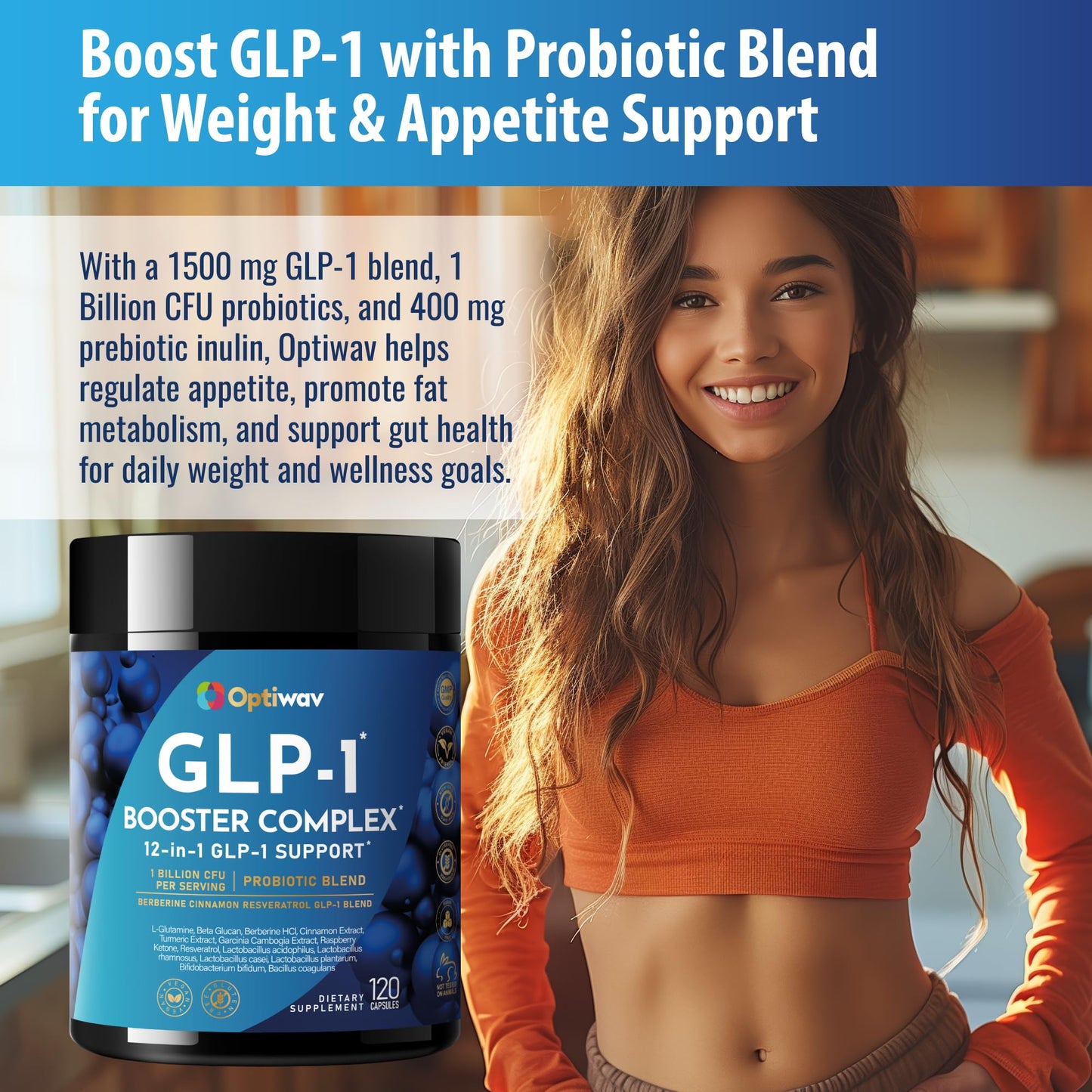 Optiwav GLP-1 Probiotic Weight Loss Supplement - Natural GLP-1 Booster for Appetite Control, Metabolism & Gut Health