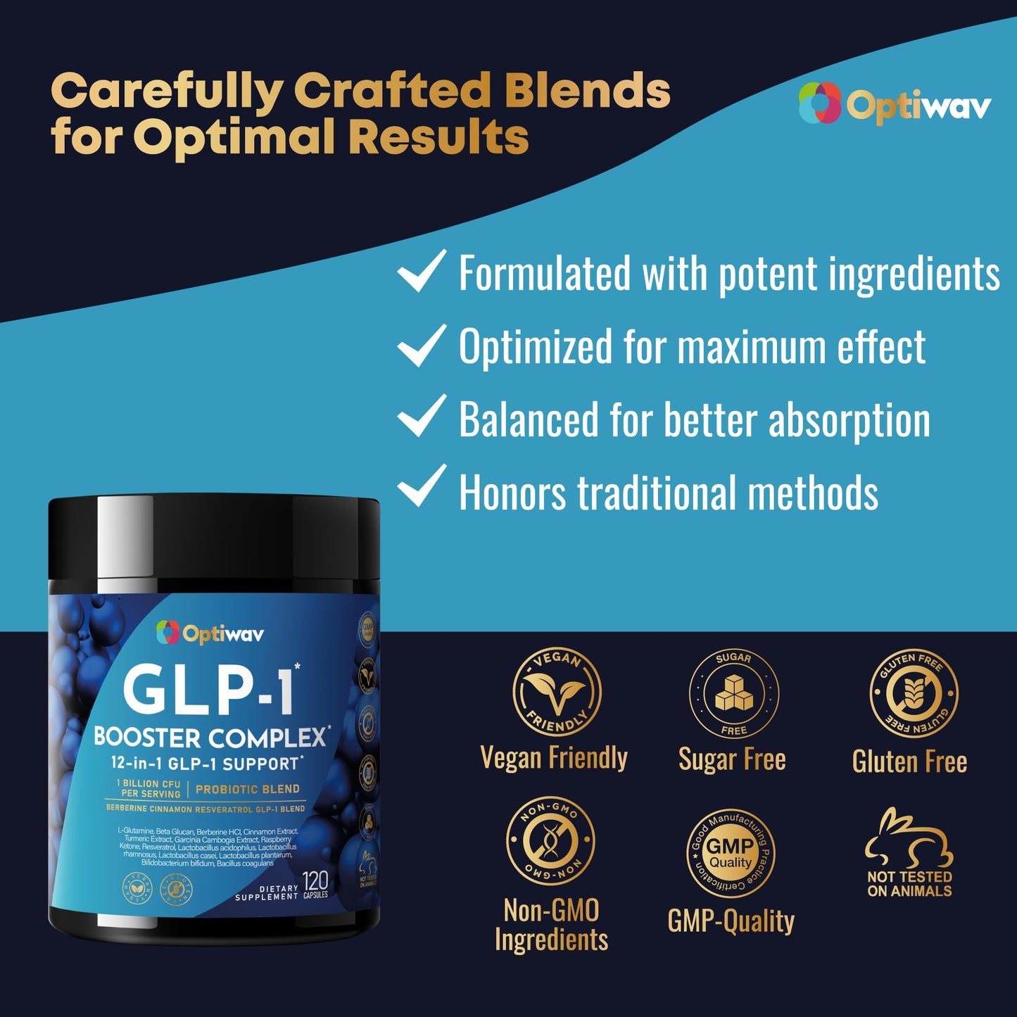 Optiwav GLP-1 Probiotic Weight Loss Supplement - Natural GLP-1 Booster for Appetite Control, Metabolism & Gut Health