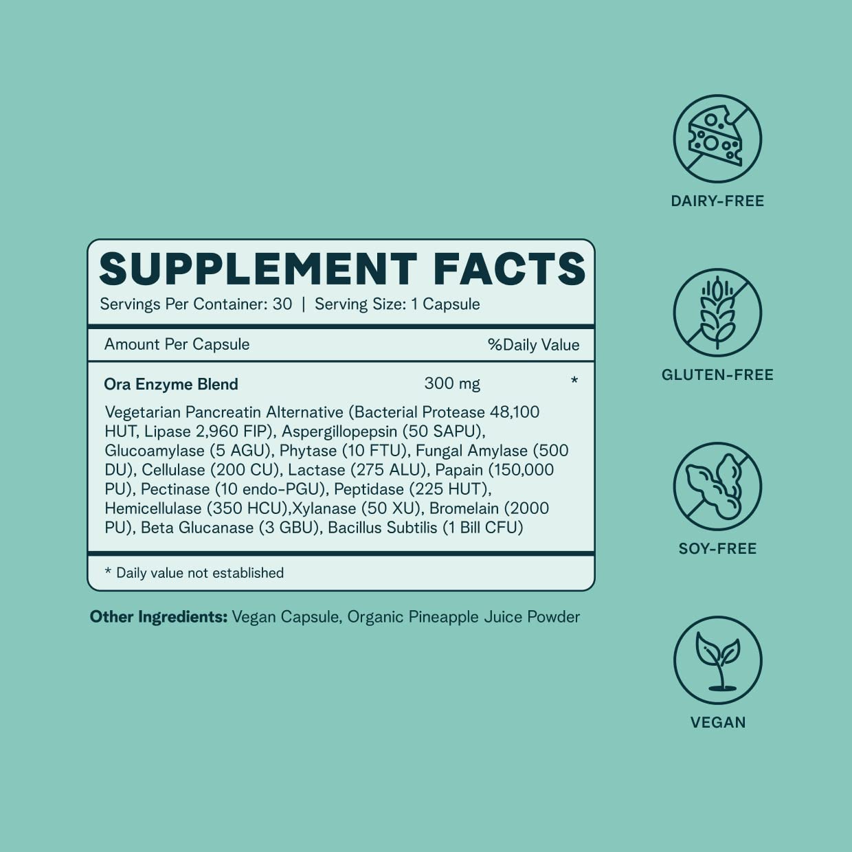 Ora Organic Multi-Enzyme Supplement – Vegan, Gluten Free Digestive Enzymes with Probiotics | 30 Capsules
