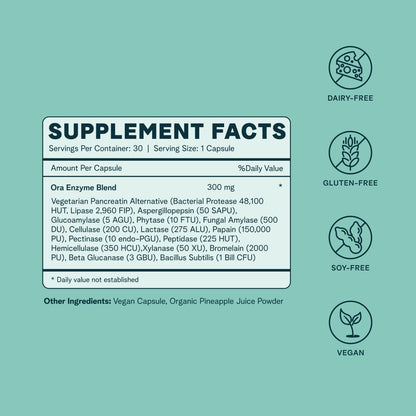 Ora Organic Multi-Enzyme Supplement – Vegan, Gluten Free Digestive Enzymes with Probiotics | 30 Capsules
