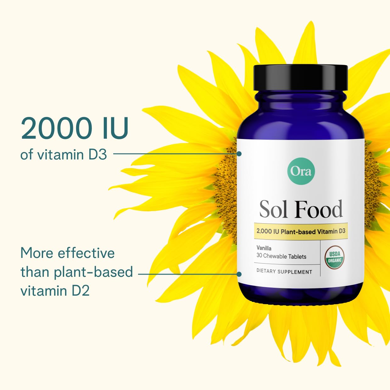 Ora Organic Vitamin D3 2000IU – Vegan Lichen D3 Chewables for Immune Support, Bone Health & Mood | 30 Vanilla Tablets