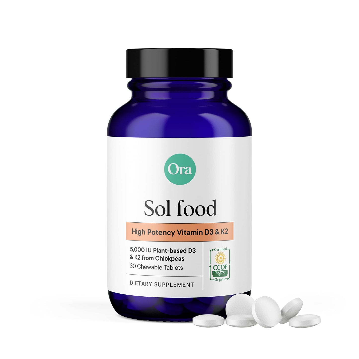 Ora Organic Vitamin D3 5000IU + K2 – Vegan D3 from Lichen, K2 from Chickpeas | 30 Chewable Tablets