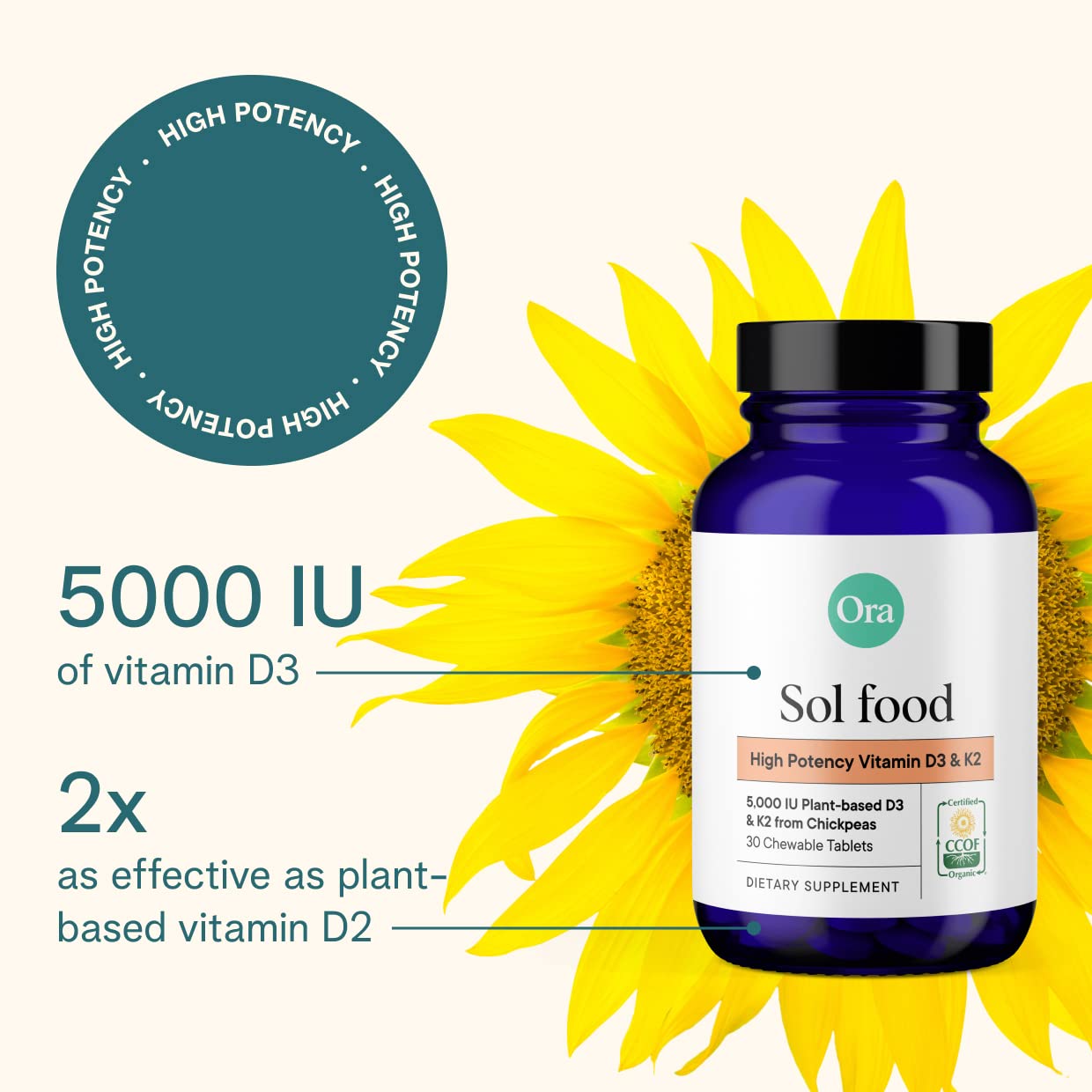 Ora Organic Vitamin D3 5000IU + K2 – Vegan D3 from Lichen, K2 from Chickpeas | 30 Chewable Tablets