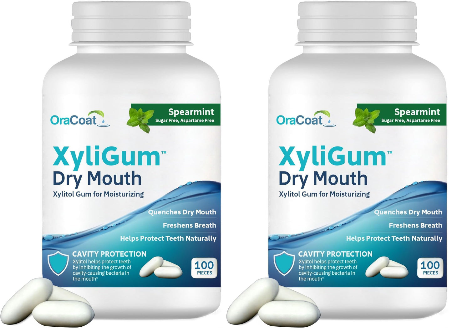 OraCoat XyliGum Dry Mouth Sugar Free Gum, 100 Piece Bottle, Spearmint Chewing Gum with Xylitol for Dry Mouth, Helps Stimulate Saliva, Breath Freshener, Supports Teeth & Gum Health (Pack of 2)