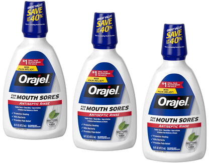 Orajel Nonseptic Mouth Sore Rinse 16oz Mint - 3-Pack | Pain Relief & Healing