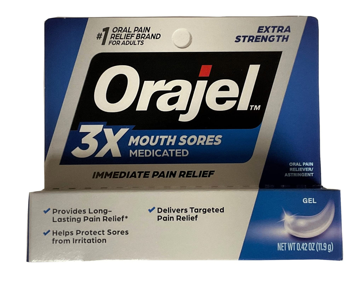 Orajel 3X Medicated Gel for All Mouth Sores – Maximum Strength, 0.42 oz (11.9 g) Pack of 2