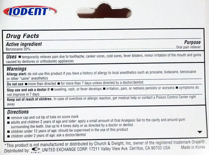 Oral Analgesic Gel 0.42 oz – Maximum Strength – Compare to Orajel | Iodent