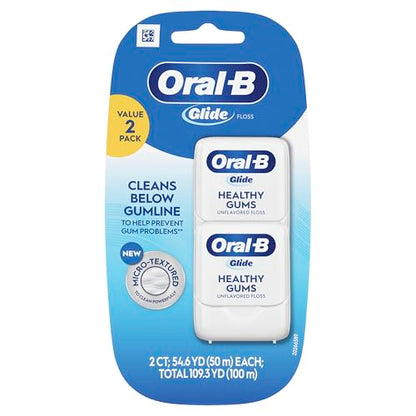 Oral-B Glide Healthy Gums Unflavored Floss — 2 Pack, 50m Each, Smooth & Shred-Resistant