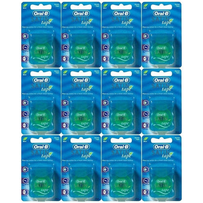 Oral-B Satin Tape Dental Floss 25m (12 Pack) Mint – 2-Layer Ribbon Floss