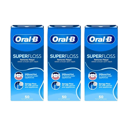Oral-B Super Floss Mint, 50 Pre-Cut Strands, Pack of 3 – Removes Plaque Under Gumline