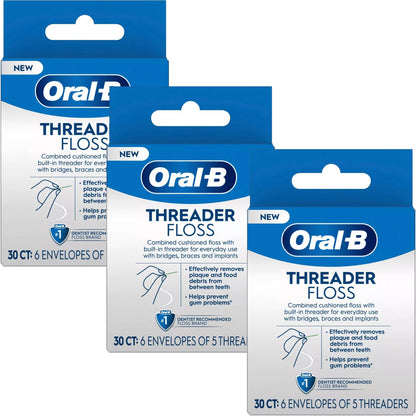 Oral-B Threader Floss – 30 Count with Built-In Threader for Braces, Bridges & Implants | Pack of 3