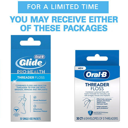 Oral-B Threader Floss – 30 Count with Built-In Threader for Braces, Bridges & Implants | Pack of 3