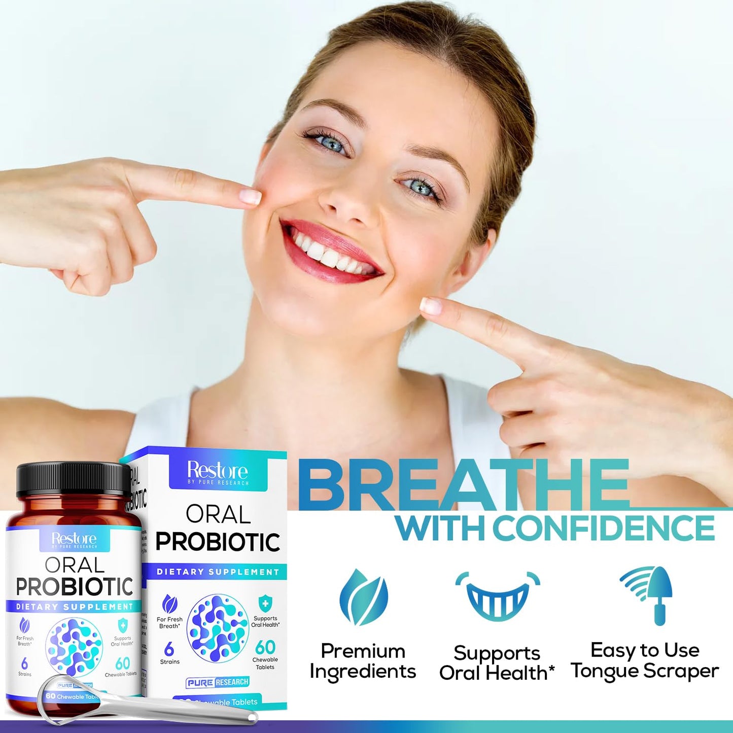 Oral Probiotics & Tongue Scraper – Mint Chewables (60ct) | BLIS M18