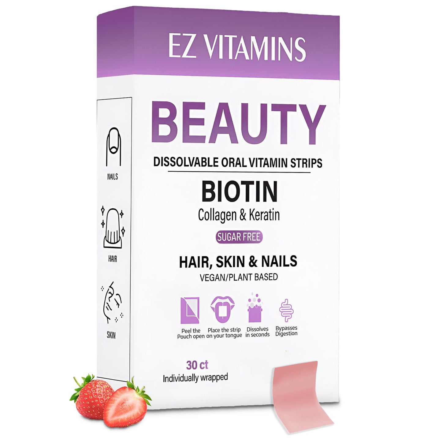 Oral Strips for Hair, Skin & Nails – Biotin, Collagen & Folate | Strawberry Flavor, Sugar Free